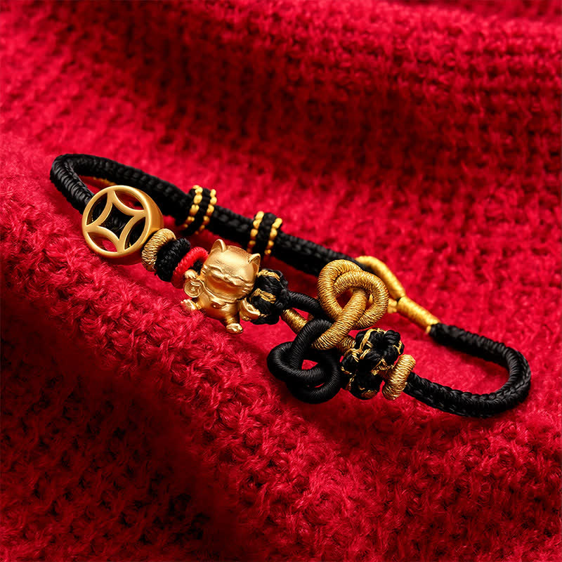 Golden Lucky Cat Red String Protection Braided Bracelet