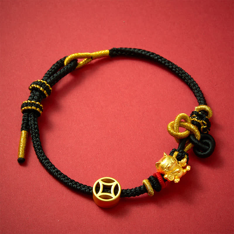 Golden Lucky Cat Red String Protection Braided Bracelet