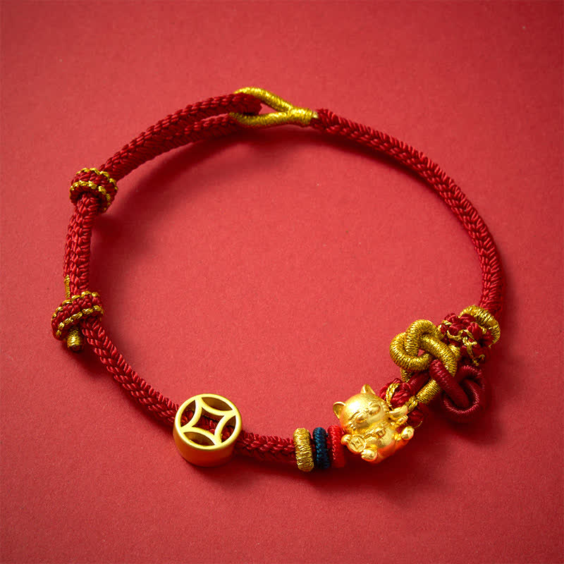 Golden Lucky Cat Red String Protection Braided Bracelet