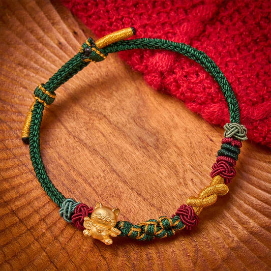 Hand-Woven Red String Lucky Cat Protection Bracelet