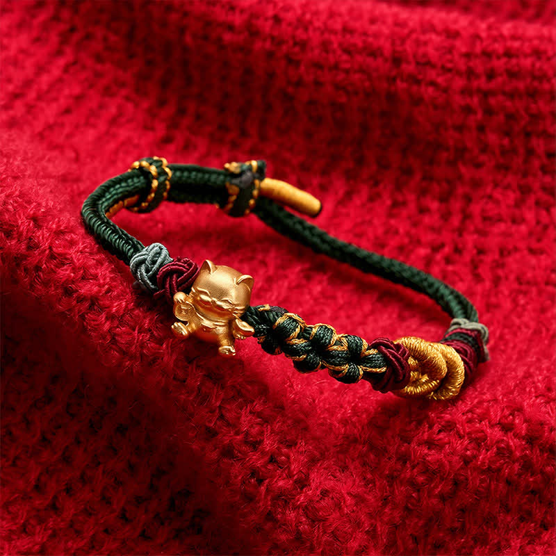 Hand-Woven Red String Lucky Cat Protection Bracelet