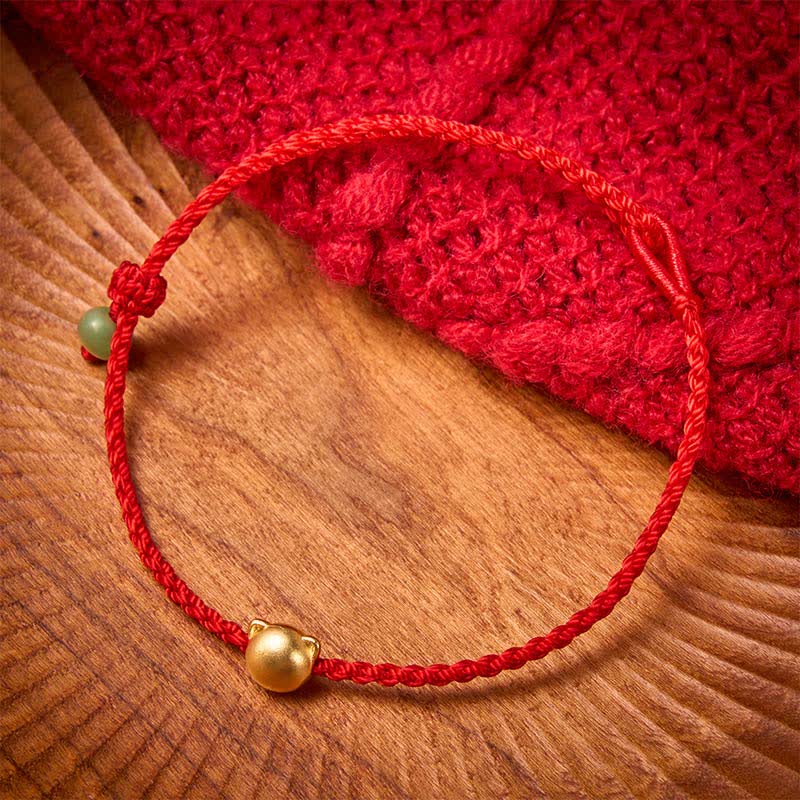 Copper Cat Head Jade Red String Connection Bracelet