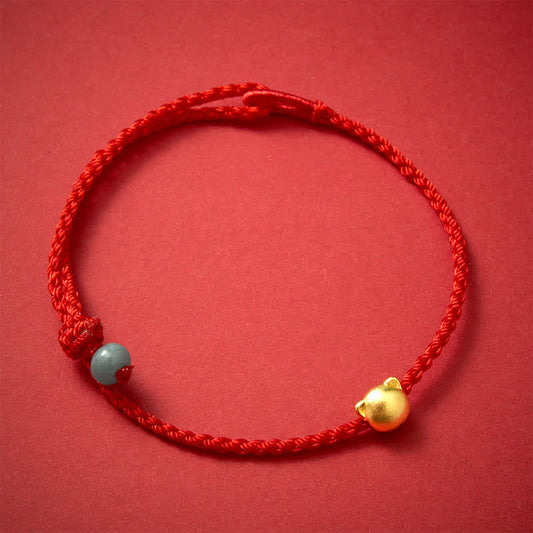 Copper Cat Head Jade Red String Connection Bracelet