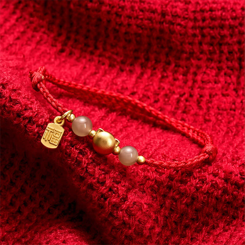 Hetian Jade Fu Character Copper Cat Red String Bracelet