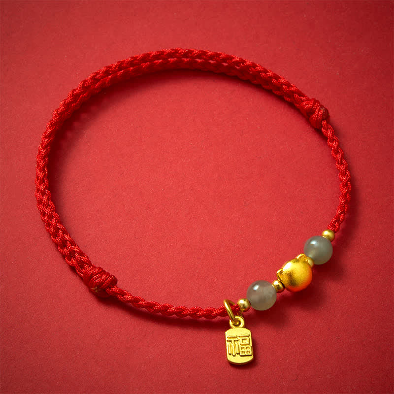 Hetian Jade Fu Character Copper Cat Red String Bracelet