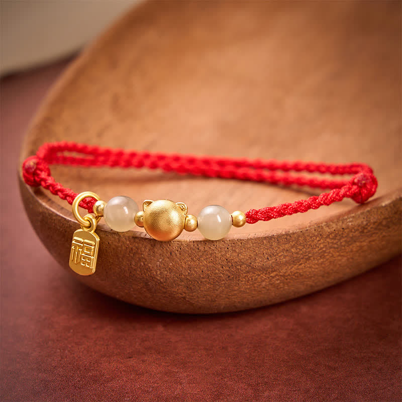 Hetian Jade Fu Character Copper Cat Red String Bracelet