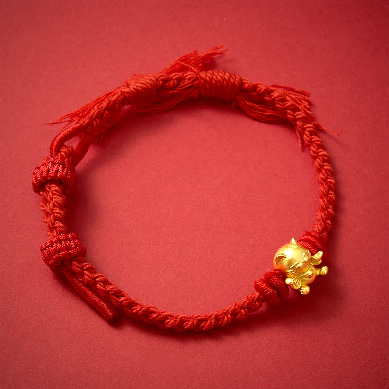 Copper Lucky Cat Charm Red String Wealth Bracelet