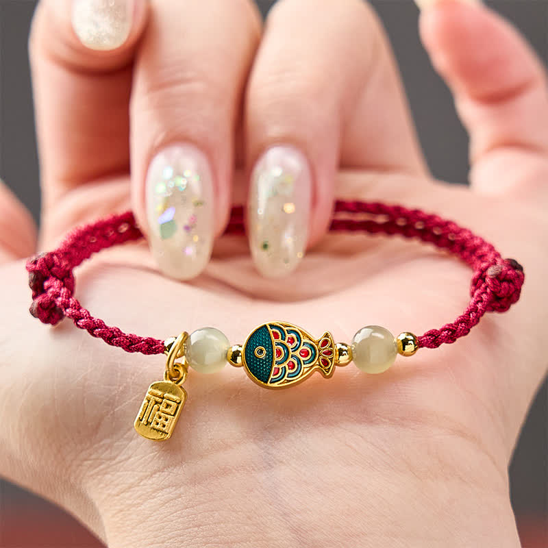 Hand-Woven Koi Fish Fu Character Jade Beads Protection Rope Bracelet