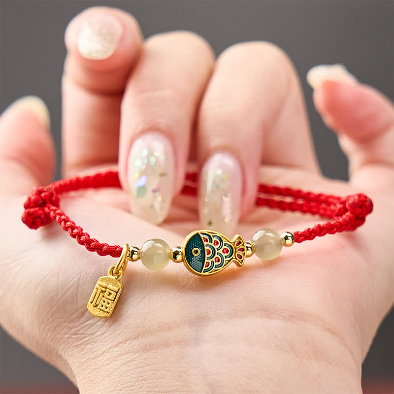 Hand-Woven Koi Fish Fu Character Jade Beads Protection Rope Bracelet