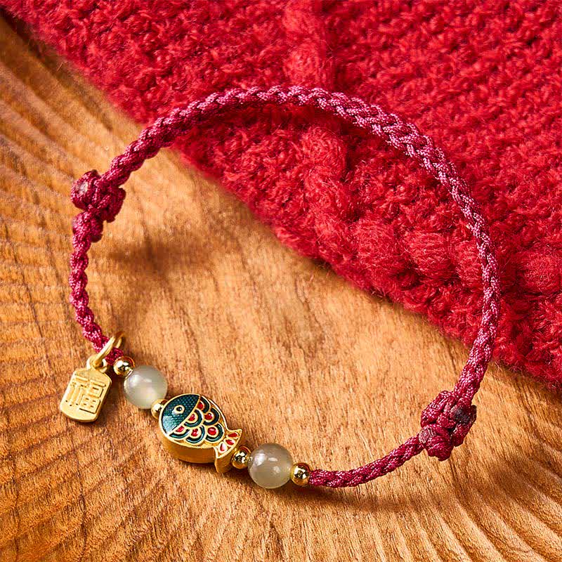 Hand-Woven Koi Fish Fu Character Jade Beads Protection Rope Bracelet