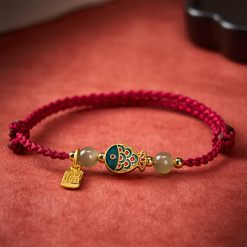 Hand-Woven Koi Fish Fu Character Jade Beads Protection Rope Bracelet