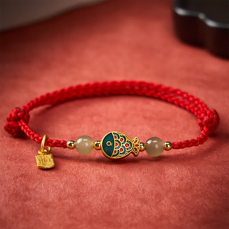 Hand-Woven Koi Fish Fu Character Jade Beads Protection Rope Bracelet