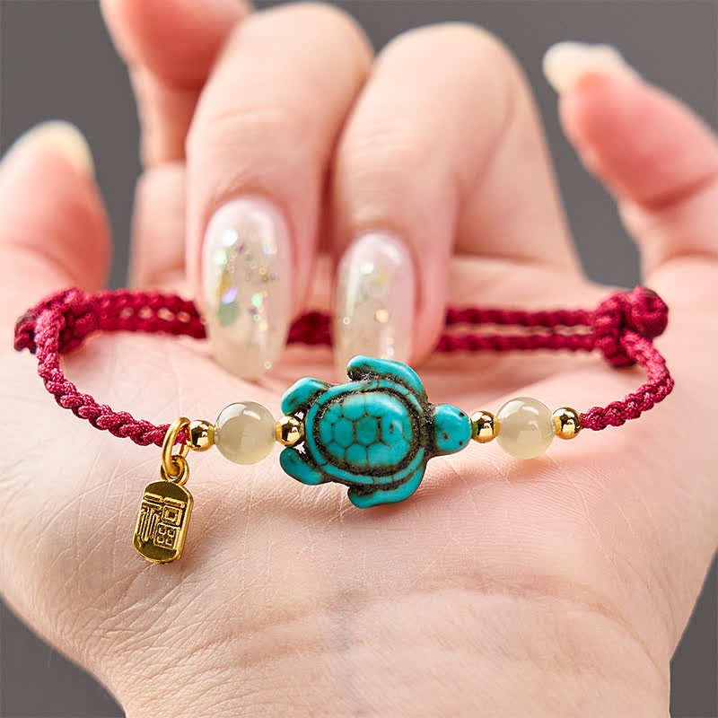 Hand-Woven Turquoise Turtle Fu Character Jade Beads Luck Rope Bracelet