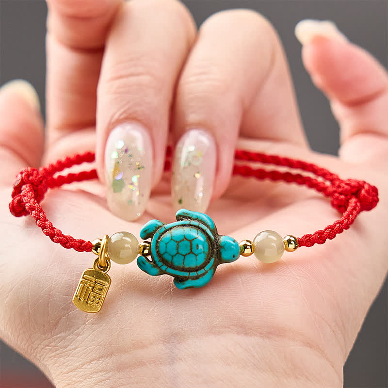 Hand-Woven Turquoise Turtle Fu Character Jade Beads Luck Rope Bracelet