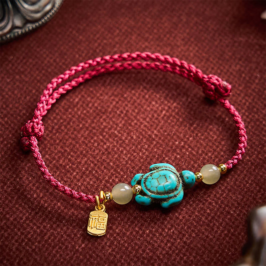 Hand-Woven Turquoise Turtle Fu Character Jade Beads Luck Rope Bracelet