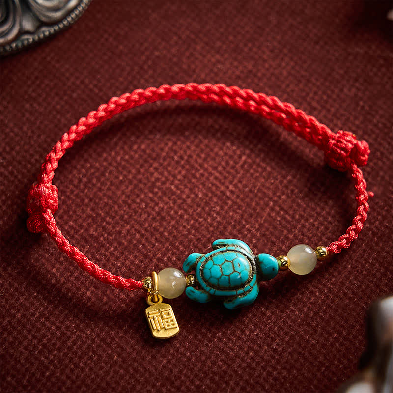 Hand-Woven Turquoise Turtle Fu Character Jade Beads Luck Rope Bracelet