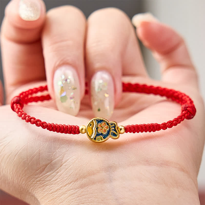 Hand-Woven Cyan Flower Koi Fish Protection Red Rope Bracelet