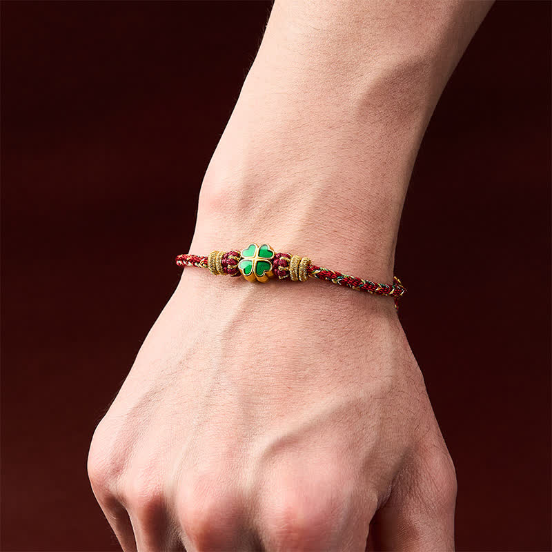 Hand-Woven String Heart-Shaped Green Four Leaf Clover Strength Rope Bracelet