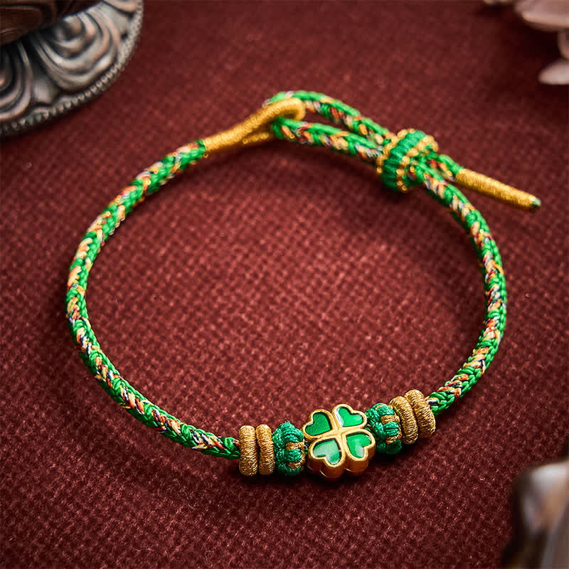 Hand-Woven String Heart-Shaped Green Four Leaf Clover Strength Rope Bracelet