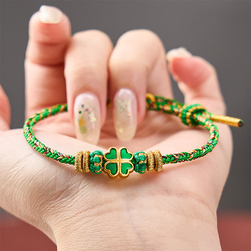 Hand-Woven String Heart-Shaped Green Four Leaf Clover Strength Rope Bracelet