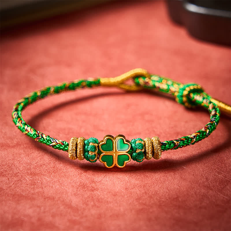 Hand-Woven String Heart-Shaped Green Four Leaf Clover Strength Rope Bracelet