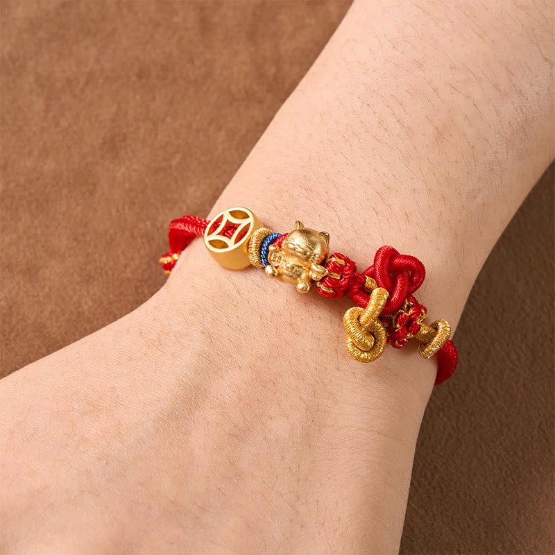Golden Lucky Cat Red String Protection Braided Bracelet
