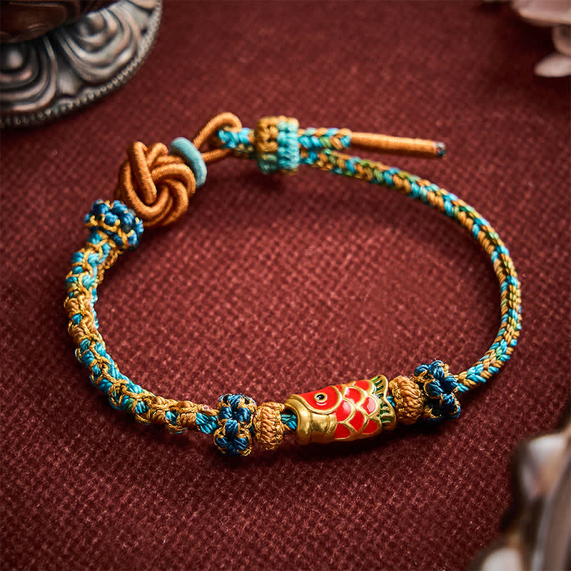 Hand-Woven Green Blue Yellow Rope Mandala Peach Blossom Knot Luck Koi Fish Bracelet
