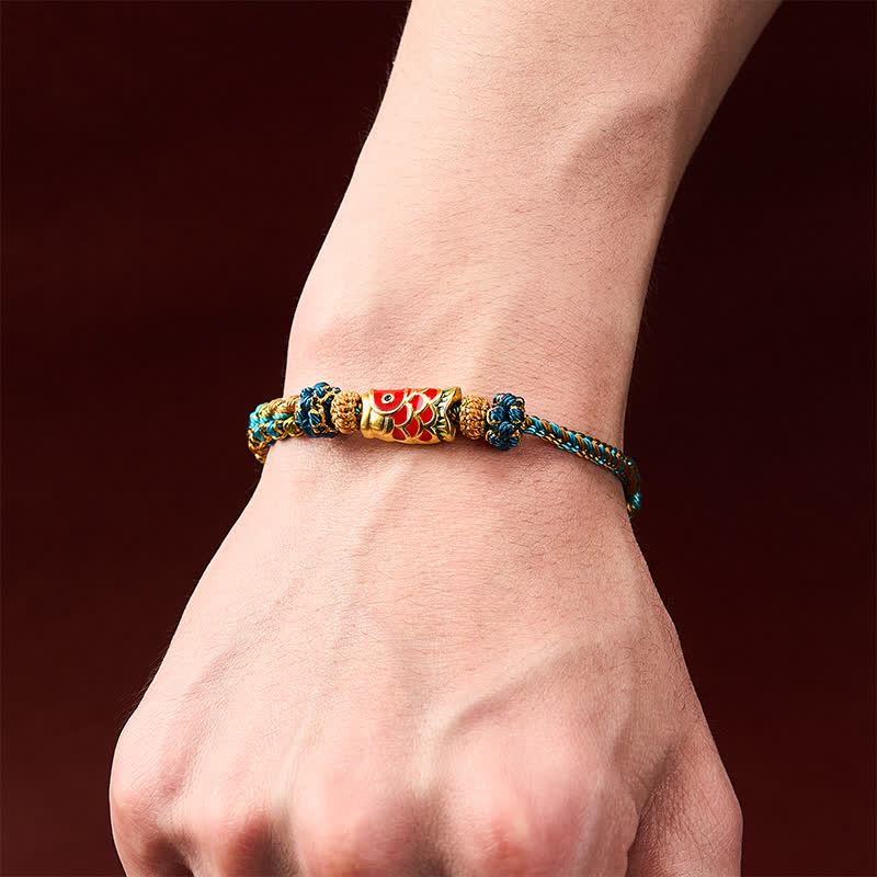 Hand-Woven Green Blue Yellow Rope Mandala Peach Blossom Knot Luck Koi Fish Bracelet