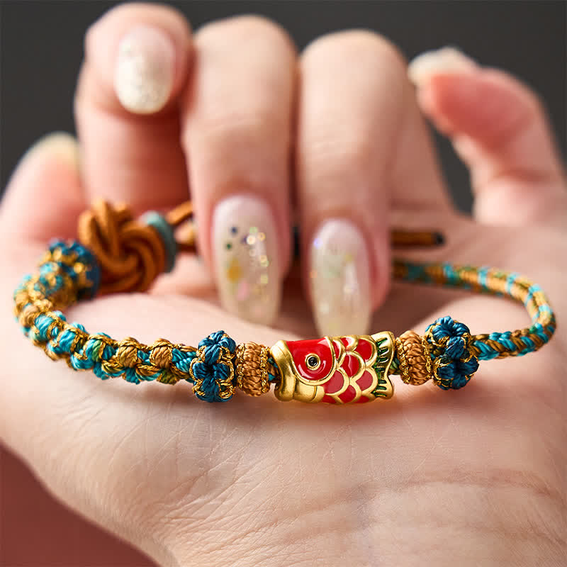 Hand-Woven Green Blue Yellow Rope Mandala Peach Blossom Knot Luck Koi Fish Bracelet