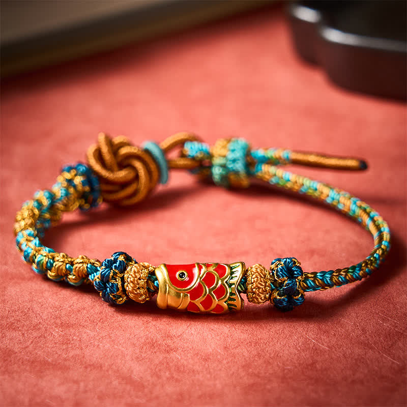 Hand-Woven Green Blue Yellow Rope Mandala Peach Blossom Knot Luck Koi Fish Bracelet