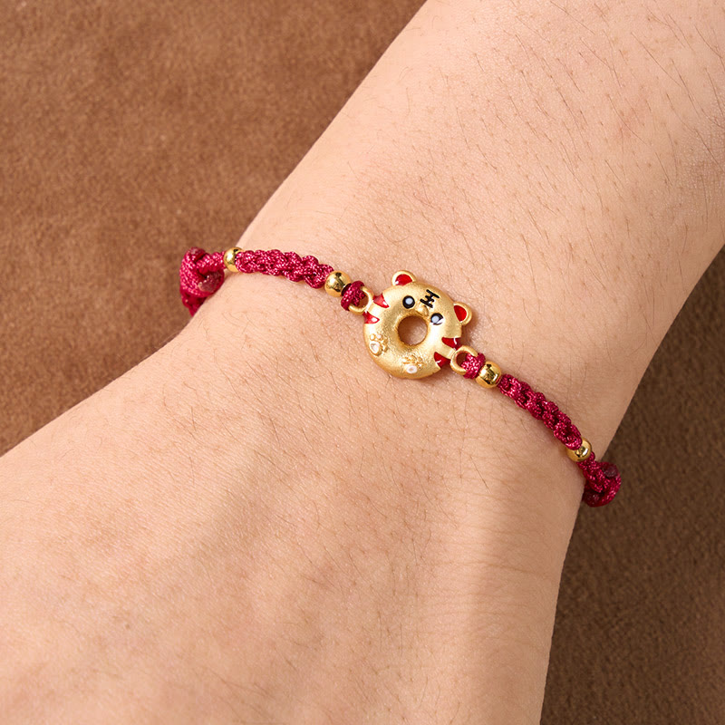Copper Tiger Peace Buckle Hand Woven Grounding Red String Adjustable Bracelet