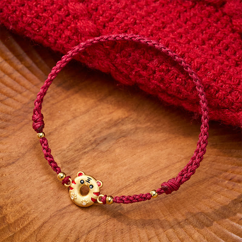 Copper Tiger Peace Buckle Hand Woven Grounding Red String Adjustable Bracelet