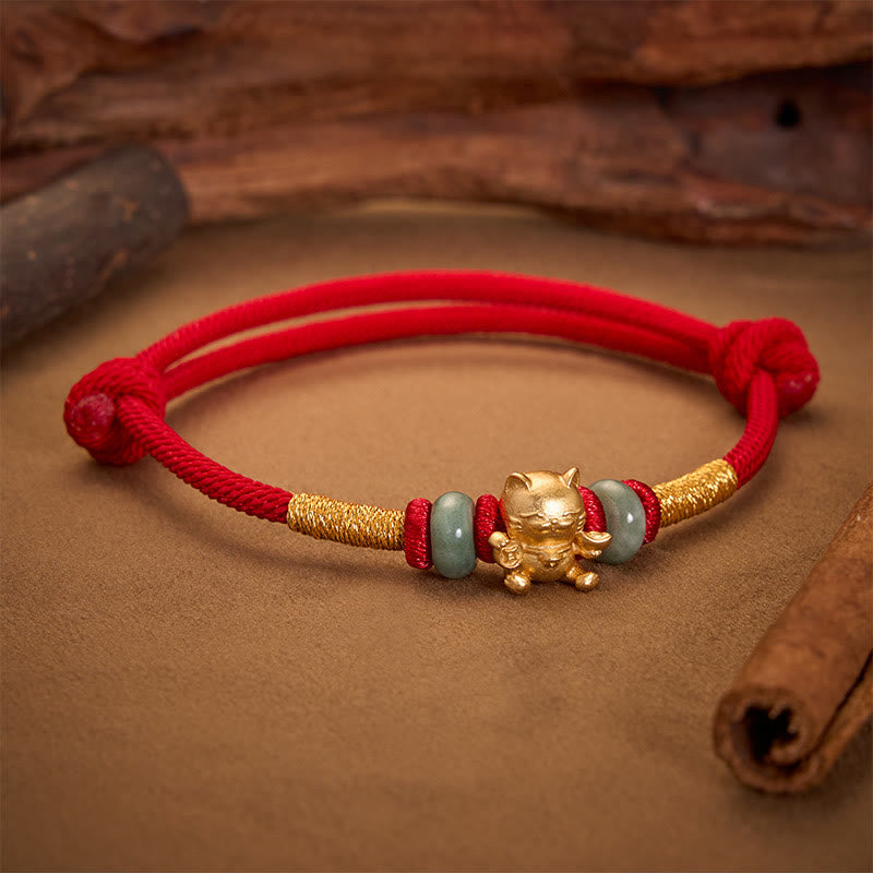 Hand-Woven Red String Jade Lucky Cat Beads Connection Bracelet
