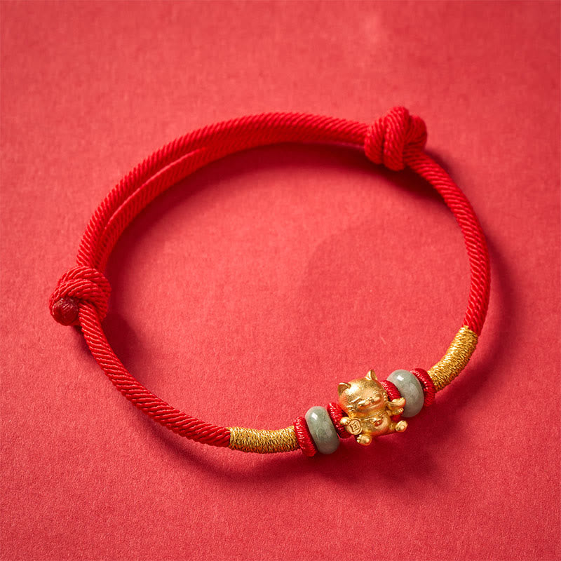 Hand-Woven Red String Jade Lucky Cat Beads Connection Bracelet