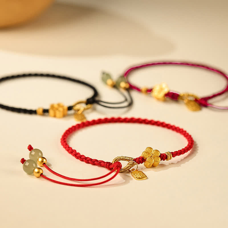 Hetian Jade Small Peach Blossom Fu Character Charm Luck String Bracelet