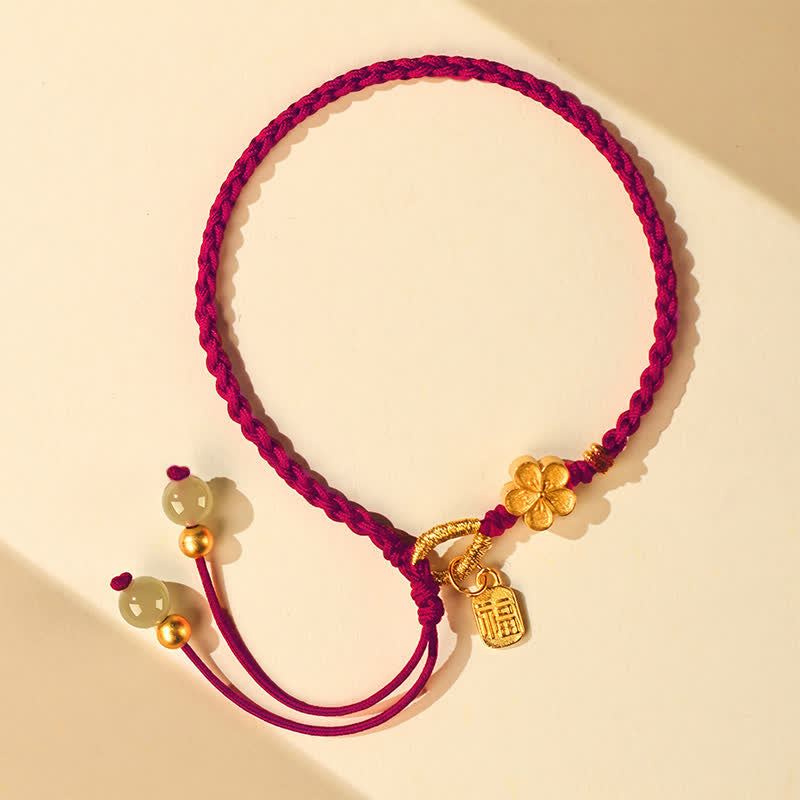 Hetian Jade Small Peach Blossom Fu Character Charm Luck String Bracelet
