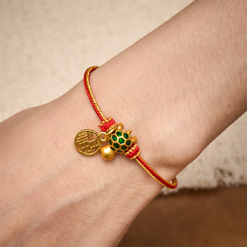 Red String Copper Fu Character Turtle Braided Luck Bracelet