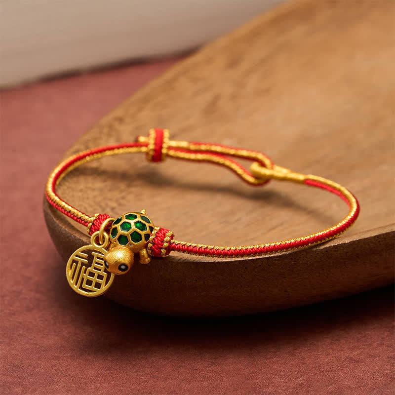 Red String Copper Fu Character Turtle Braided Luck Bracelet