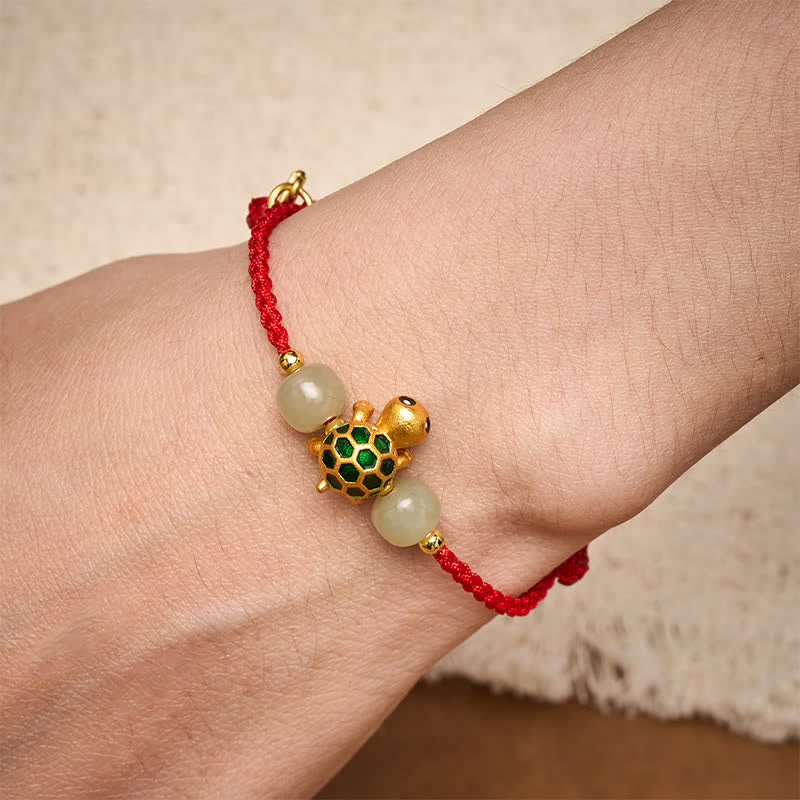 Copper Turtle Hetian Jade Fu Character Luck Red String Bracelet