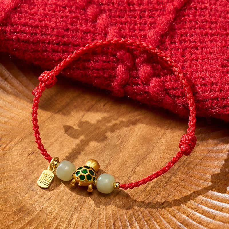 Copper Turtle Hetian Jade Fu Character Luck Red String Bracelet