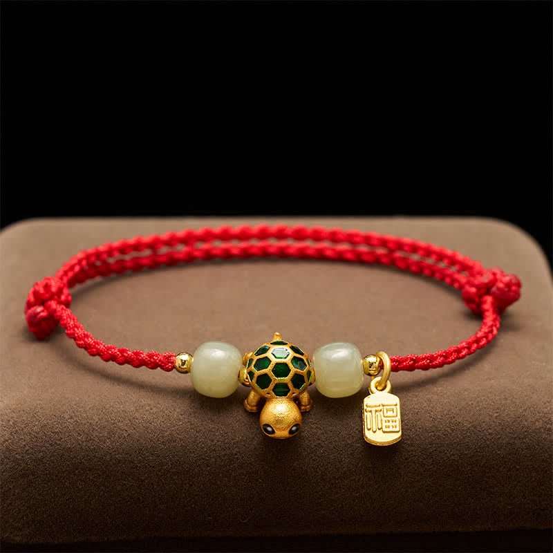 Copper Turtle Hetian Jade Fu Character Luck Red String Bracelet
