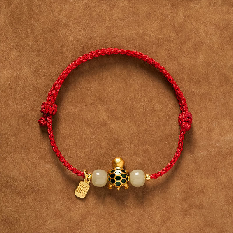 Copper Turtle Hetian Jade Fu Character Luck Red String Bracelet