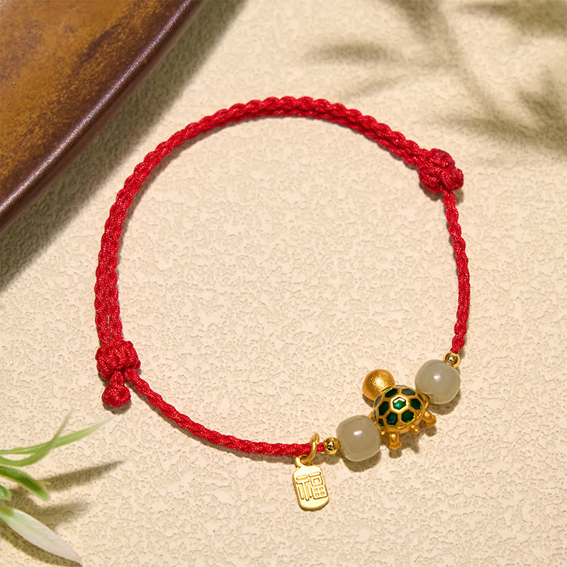 Copper Turtle Hetian Jade Fu Character Luck Red String Bracelet