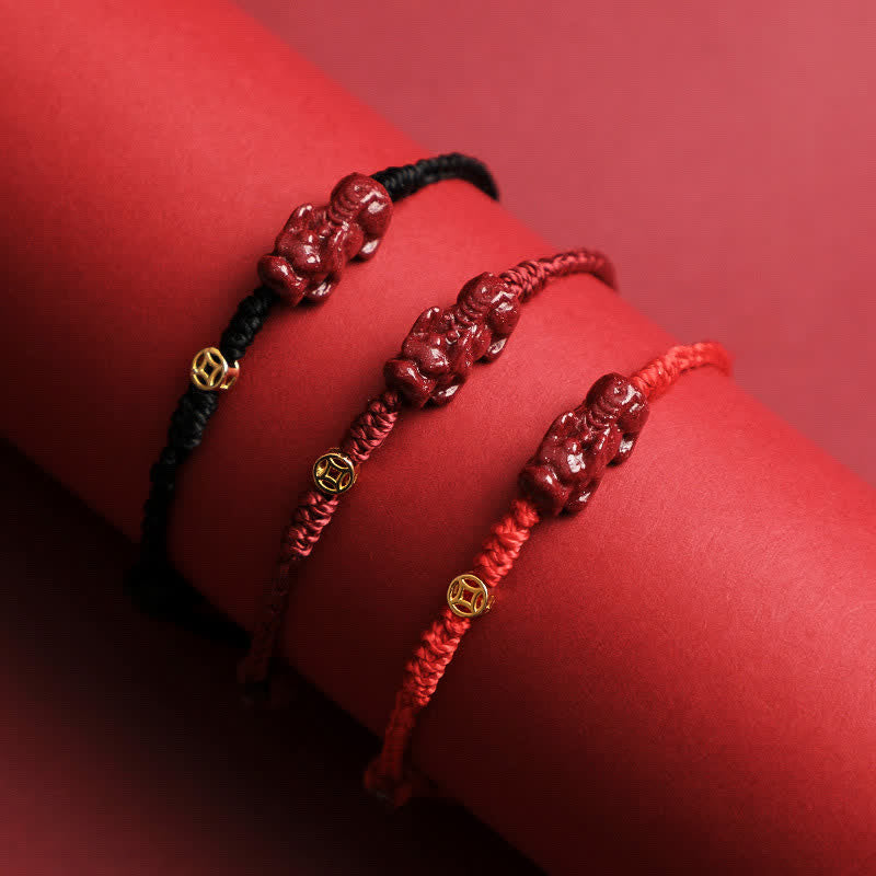 Cinnabar Pi Xiu 925 Sterling Silver Chinese Coin Wealth Red String Adjustable Bracelet