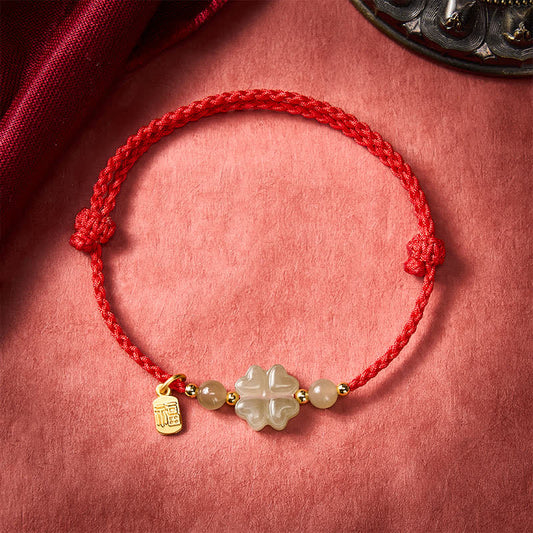 Natural Hetian Jade Four-leaf Clover Fu Character Luck Red String Bracelet