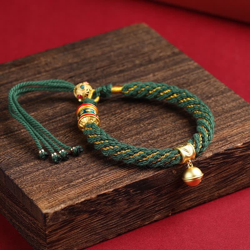 Hand-Woven Tibetan Om Mani Padme Hum Wisdom Bell Charm Multicolor Rope Bracelet