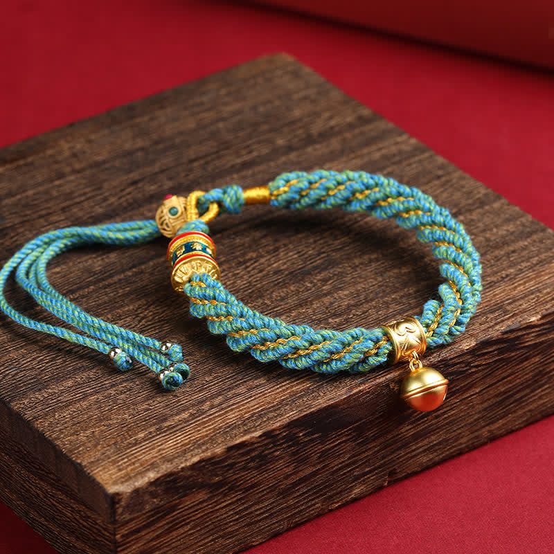 Hand-Woven Tibetan Om Mani Padme Hum Wisdom Bell Charm Multicolor Rope Bracelet