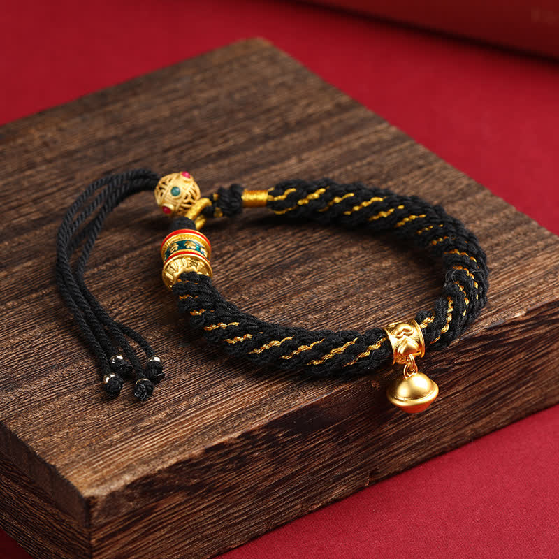 Hand-Woven Tibetan Om Mani Padme Hum Wisdom Bell Charm Multicolor Rope Bracelet