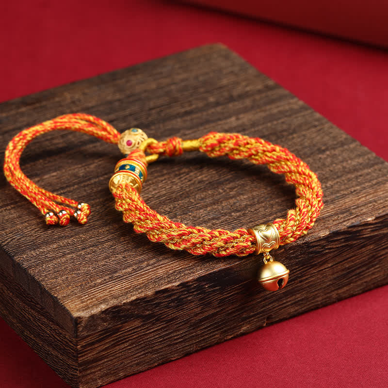 Hand-Woven Tibetan Om Mani Padme Hum Wisdom Bell Charm Multicolor Rope Bracelet