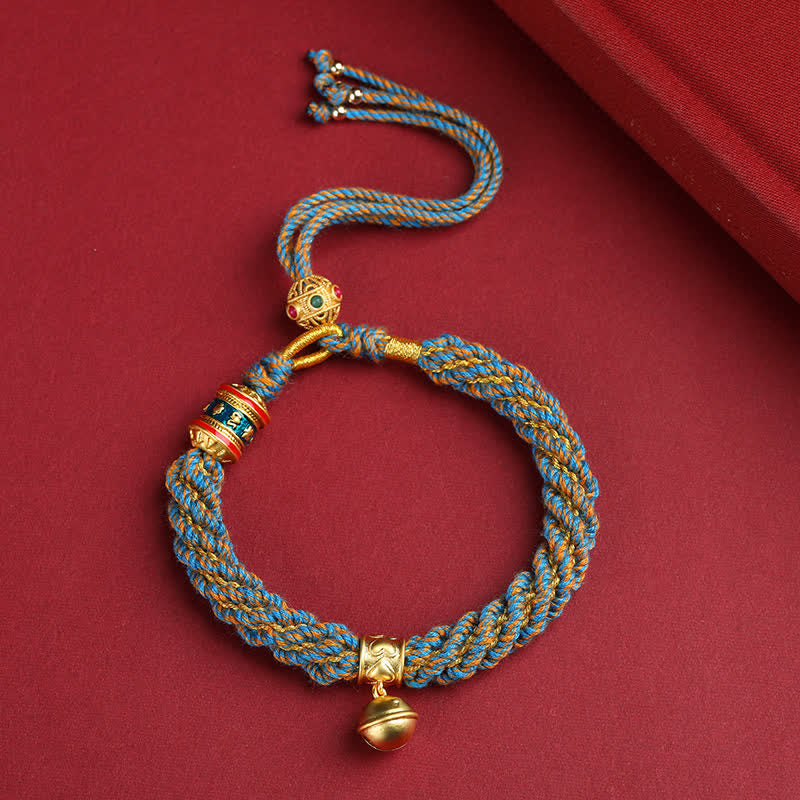Hand-Woven Tibetan Om Mani Padme Hum Wisdom Bell Charm Multicolor Rope Bracelet